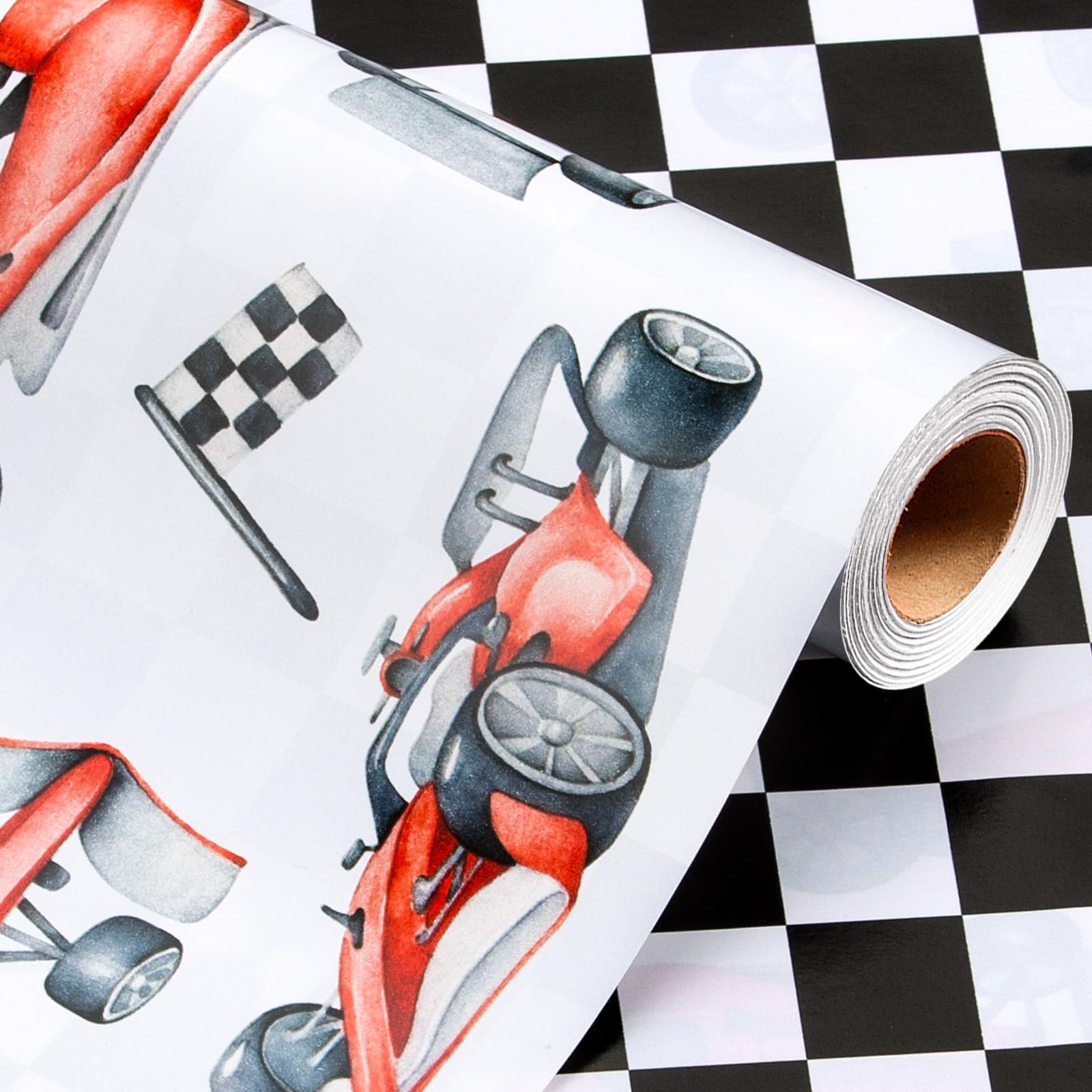 Wikadlik Race Car Wrapping Paper Roll - Classic Black White Checkered Flag Design Gift Wrap Paper for Kids Boy, Car Lovers, Fathers Day, Graduation - 43cm x 10m โ image 1