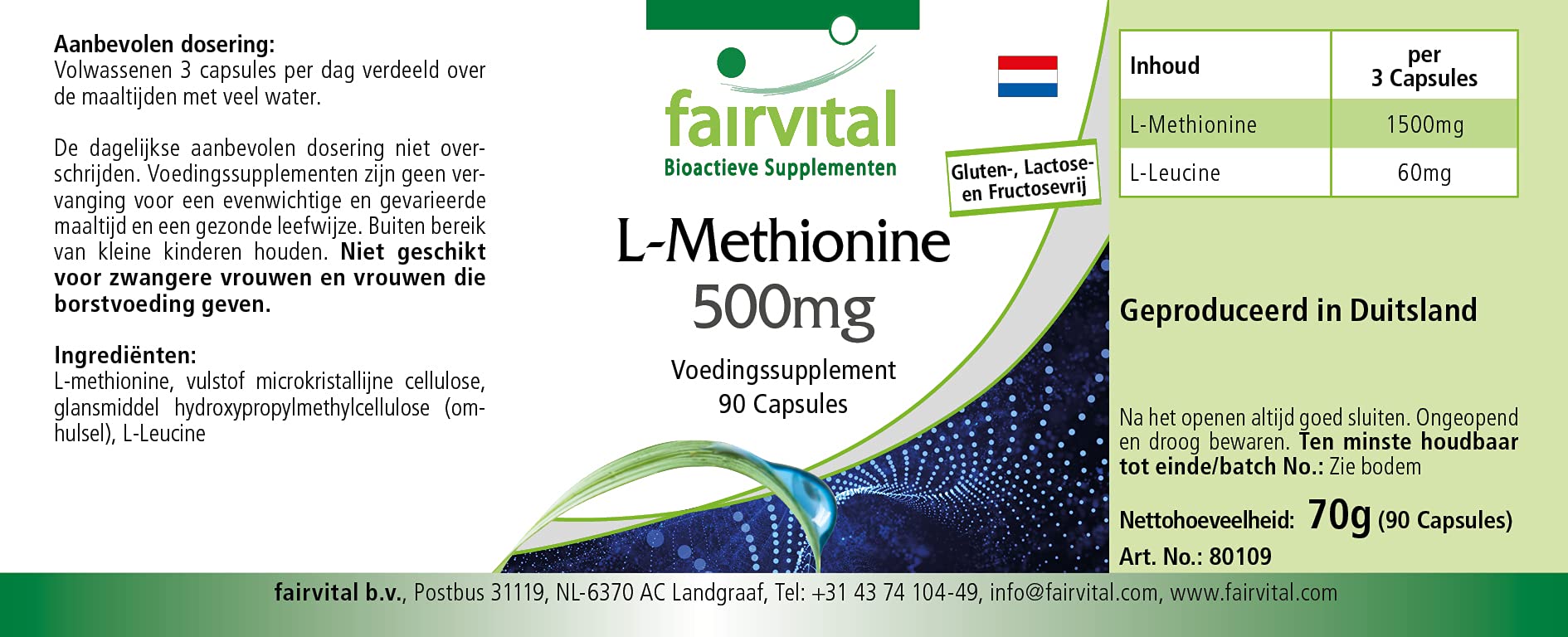 fairvital L-metionina 500 mg, 90 capsule, ALTO DOSAGGIO, VEGANO, aminoacido