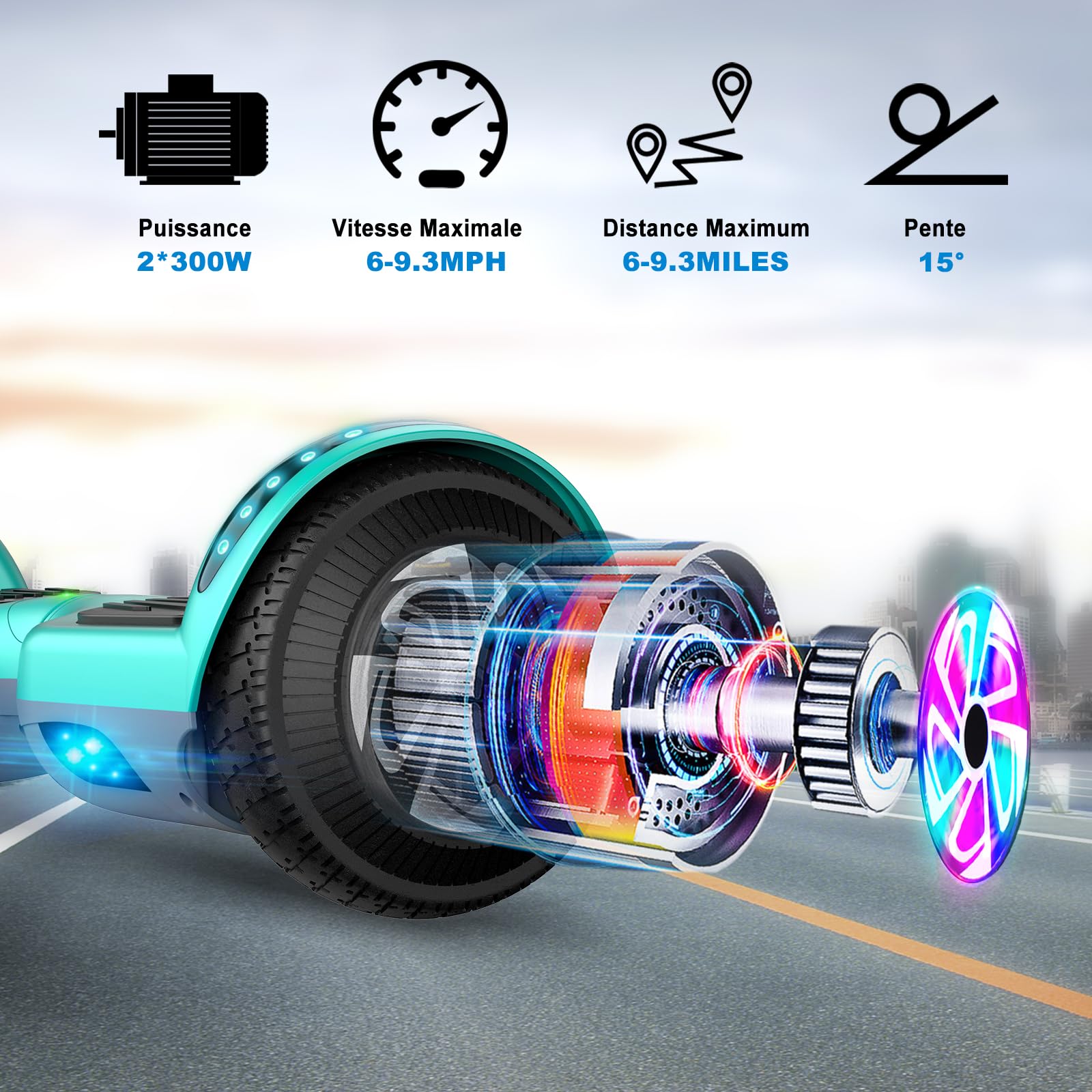 SISGAD Hoverboard, Électrique Gyropode 6,5 Pouces LED Hoverboard Self Balance Scooter, 2 * 300W Smart Blance Board, Électrique Auto-Équilibrage pour Enfant et Adulte
