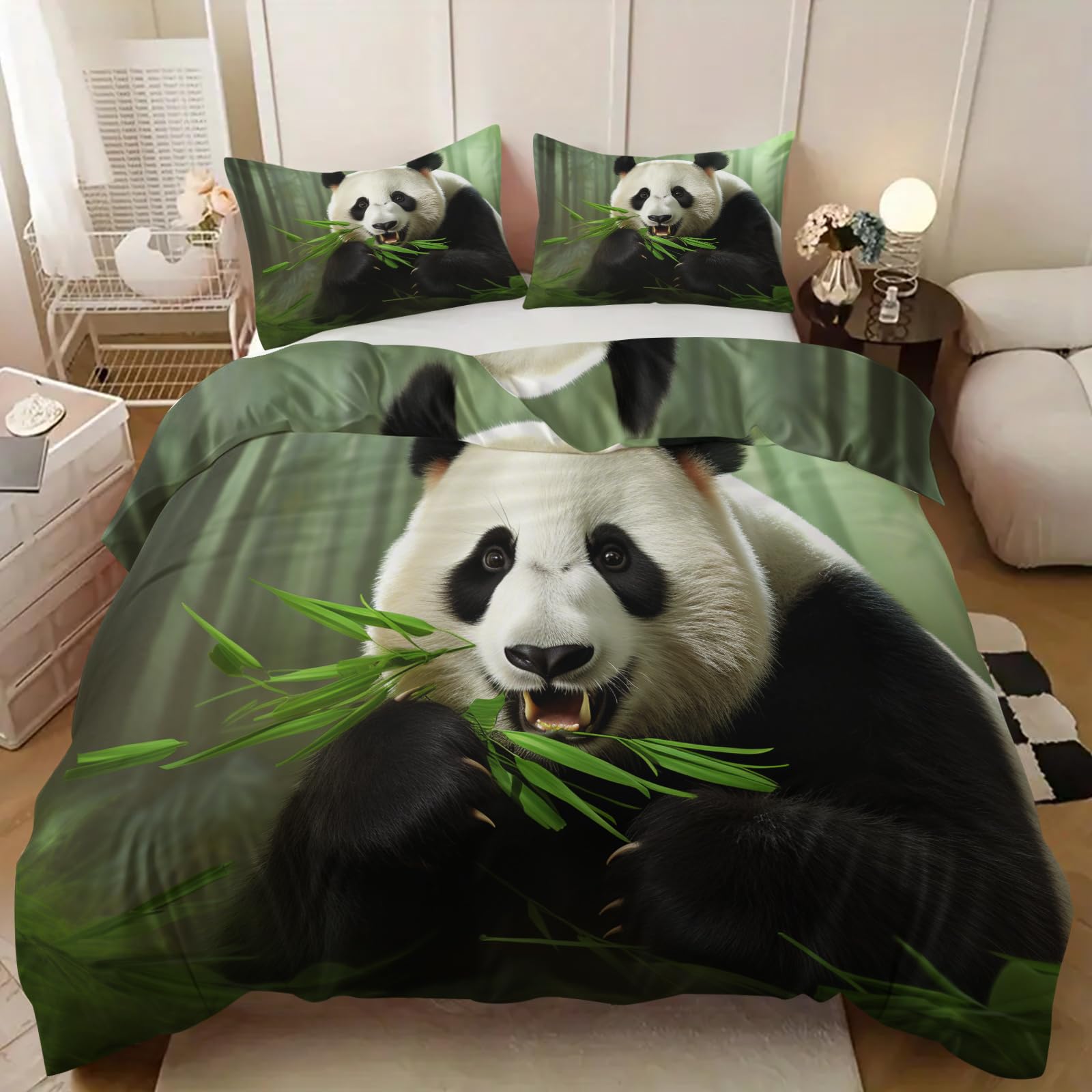 Housse de couette 240x220cm pandas animaux 3 pièces pour lit adulte et enfant