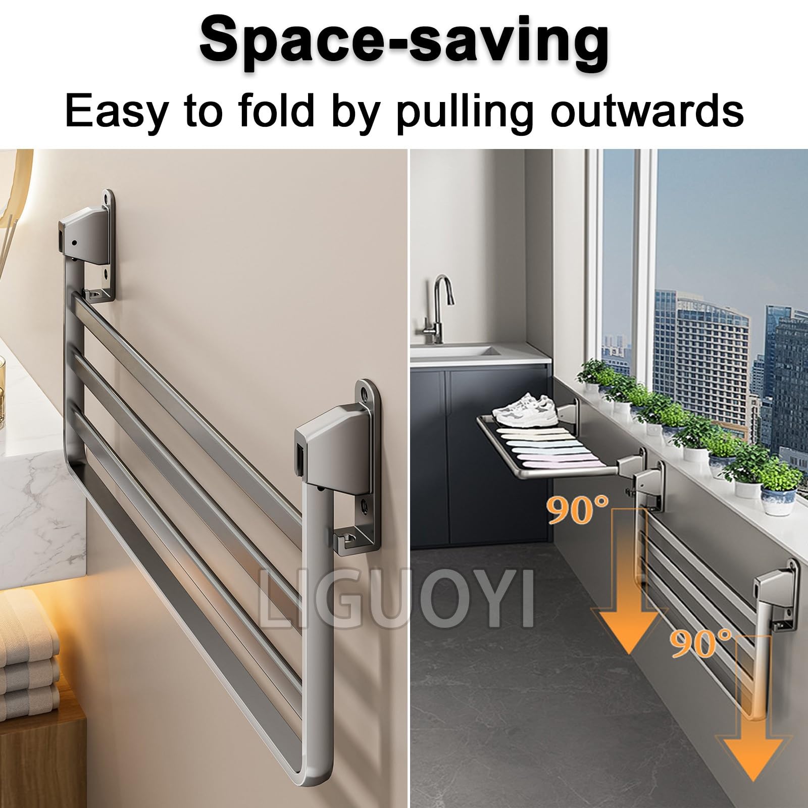 LIGUOYI 10pEtendoir À Linge Pliable Porte-serviettes Étendoir Séchoir À Linge Balcon 60cm 70cm 80cm 90cm Étagères De Salle De Bain, Peu Encombrant Étendoir À Linge Mural Pour Buanderie Baignoire(70cm)