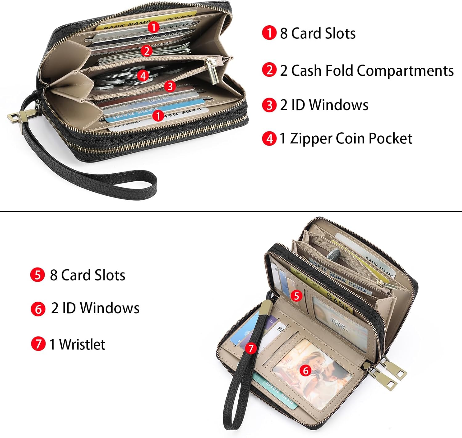 GOIACII Women's Wallet Double Zip Around Credit Card Holder Ladies Wallet Rfid Blocking Wristlet Purse Medium Size Leather Black - Image 6