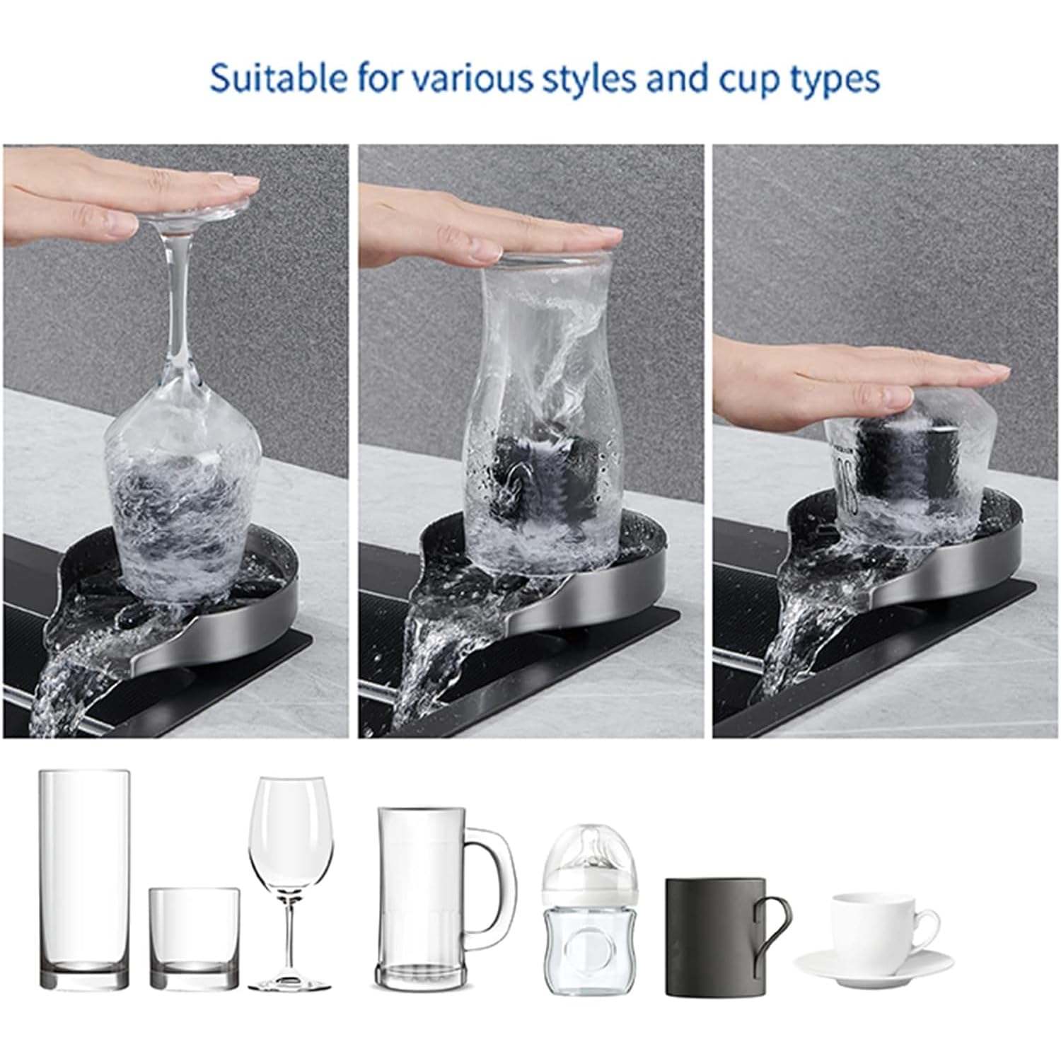 Enjuagador de Vasos de Acero Inoxidable para Fregadero, lavavasos para Accesorios de Cocina, Incluye Cepillo para Uso en Bares, cafeterías y restaurantes. (Gray)
