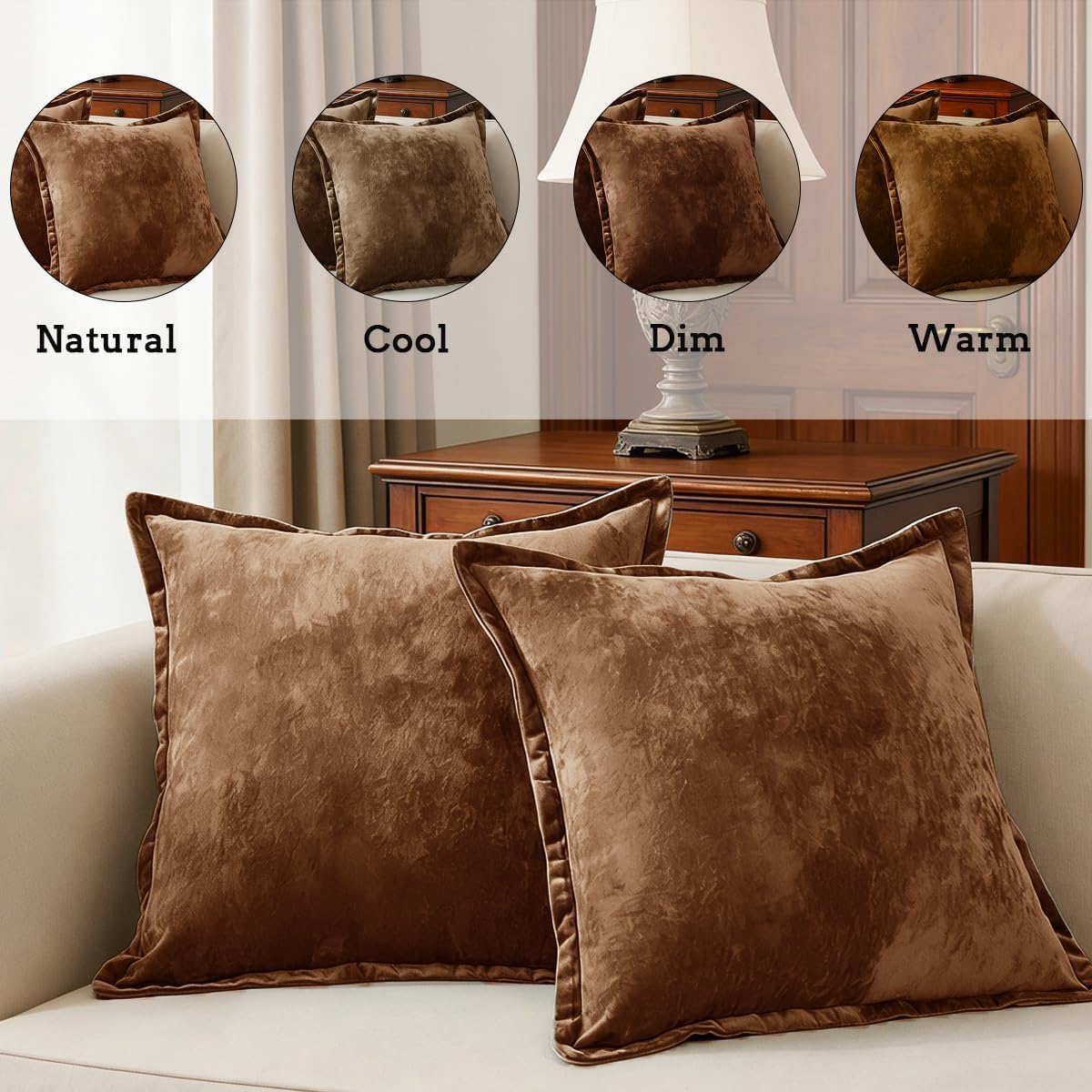 Luxurious Velvet Euro Shams Decorative Throw Pillow Covers 26x26 Set of 2 Solid Square Euro Pillow Shams for Sofa Couch Bedroom, Caramel