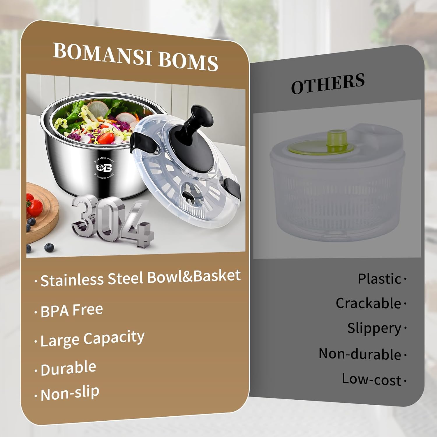 5.3 Qt Stainless Steel Salad Spinner, BOMANSI BOMS Vegetable Spinners, Lettuce Spinner, Fruit Washer, Large Salad Spinners, Dishwasher Safe, 304 Stainless Steel Bowl & Basket