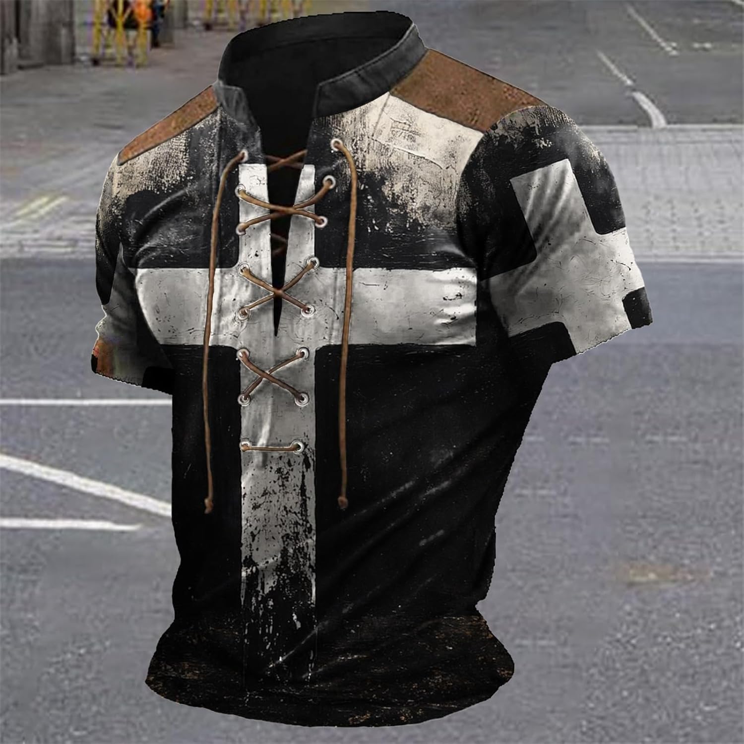 MARSVOVO Tactical Polo Shirts for Men Lace Up Patchwork Neck Totem Camo Vintage Short Sleeve Workout Henley Shirt - Image 2