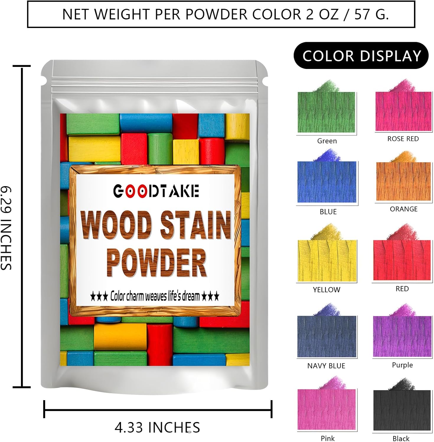 GOODTAKE 10 Colors Wood Stain Powder, Wood Dye Stain Powder That Makes Vibrant Wood, Premium Fast Dry Wood Stain Powder for Crafts, Multiple Finishes - for Indoor Outdoor Wooden (10 Colors)