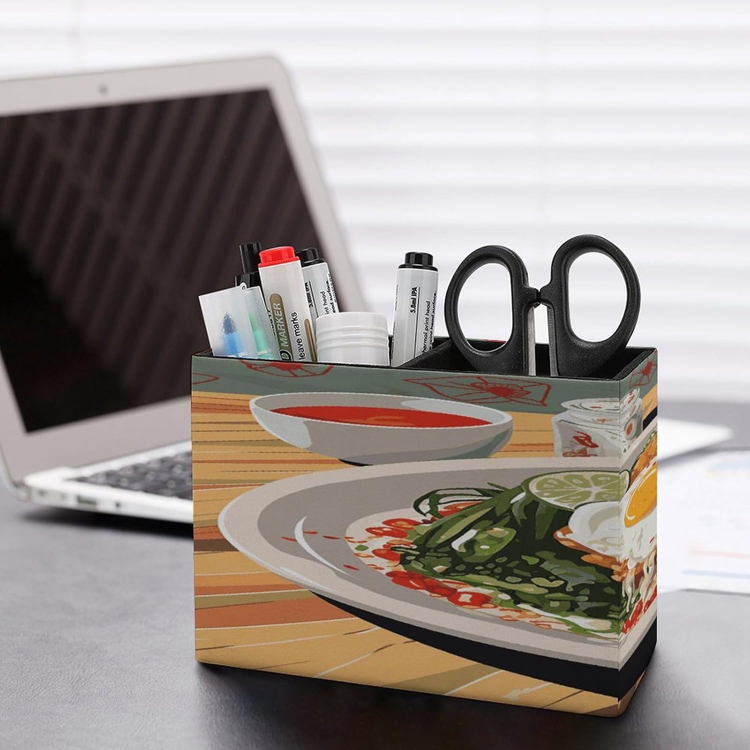 White Food Pen Holders for Desk Small Remote Control Holder Leather Pencil Cup with Double Compartments Desktop Organizer for Table Desk Office Space Saving image 5