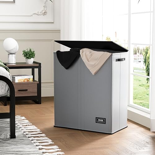 Miniatura 6 de SOLEDI Cesta de lavandería doble con tapa y asa, cesta de lavandería de 2 secciones con bolsa extraíble, cestas plegables para ropa sucia para