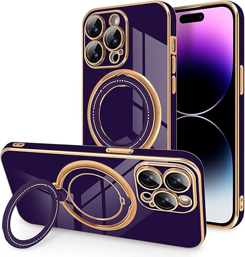 Miniatura 8 de Newseego Funda para iPhone 14 Pro Max, funda de lujo con borde chapado con soporte magnético giratorio de 360 invisible para mujeres, niñas y