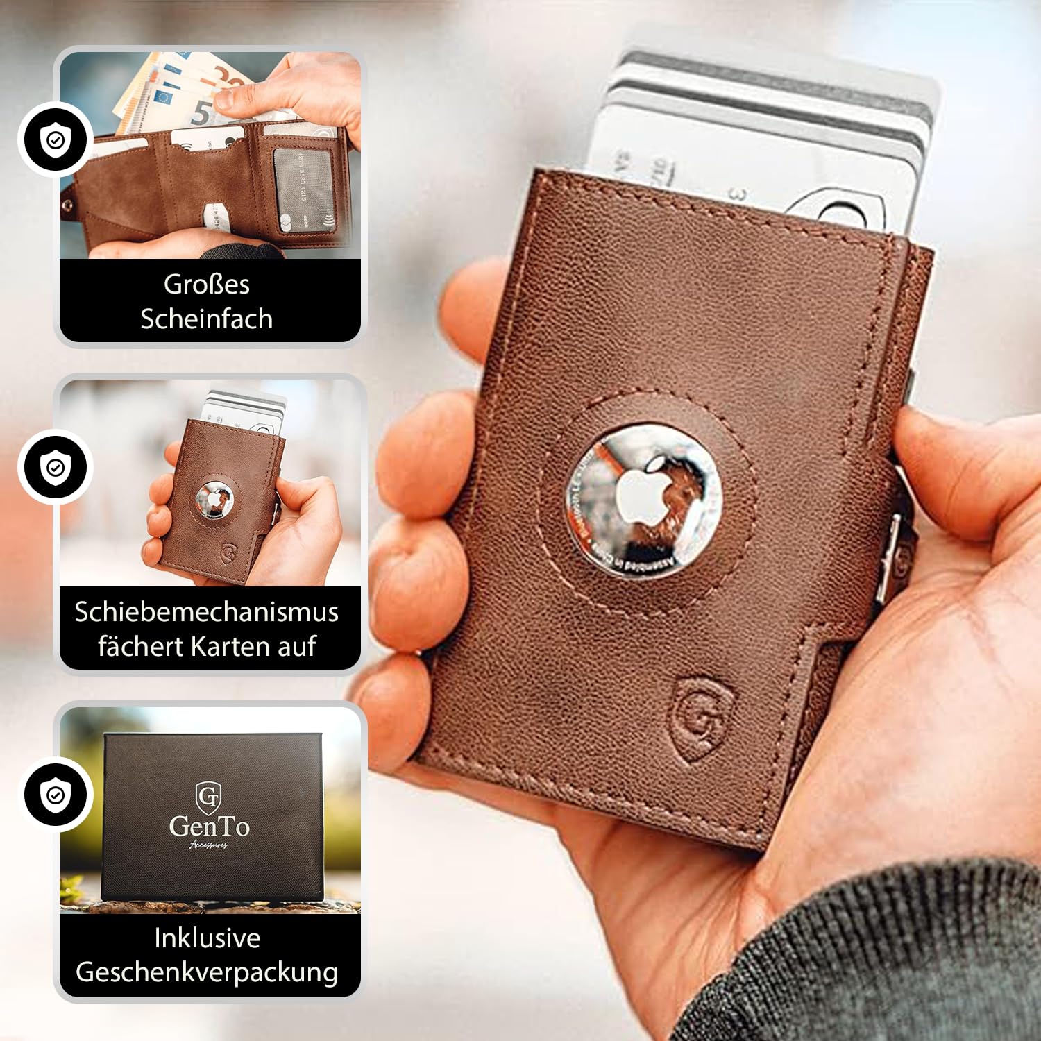 GenTo SMARTLET Push - portfel z kieszenią na monety - metalowe etui - Slim Wallet - sprawdzona ochrona RFID NFC - mały portfel - cienkie wąskie etui na karty, ciemnobrązowy, matowy., SMARTLET PUSH II