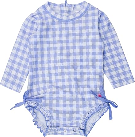 RuffleButts Baby Girls UPF 50+ Sun Protection Gingham Printed Long Sleeve One Piece Rash Guard Swimsuit with Zipper