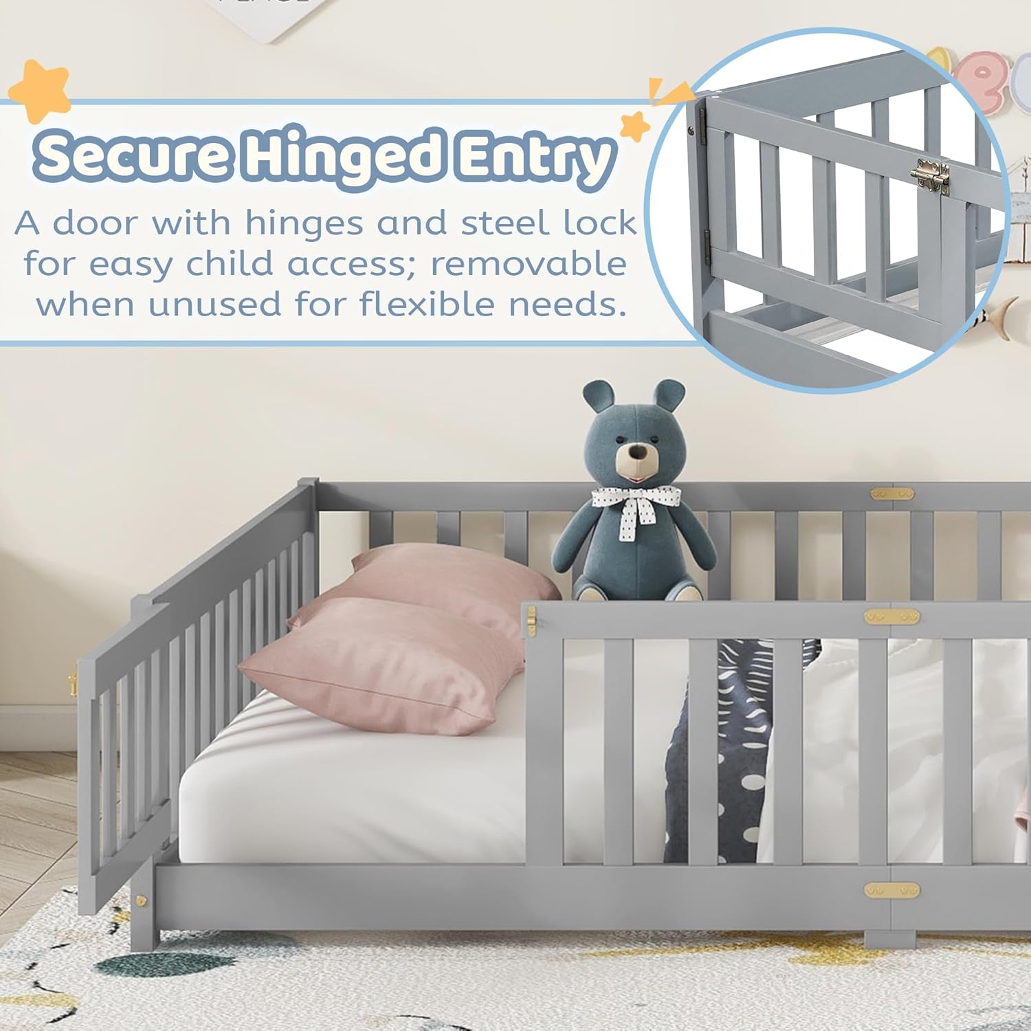 Full Size Montessori Floor Bed with Slats and Door, Solid Wood Floor Bed Frame with High Rails,Full Low Wooden Kids Beds with Guardrails,No Box Spring Needed, Gray