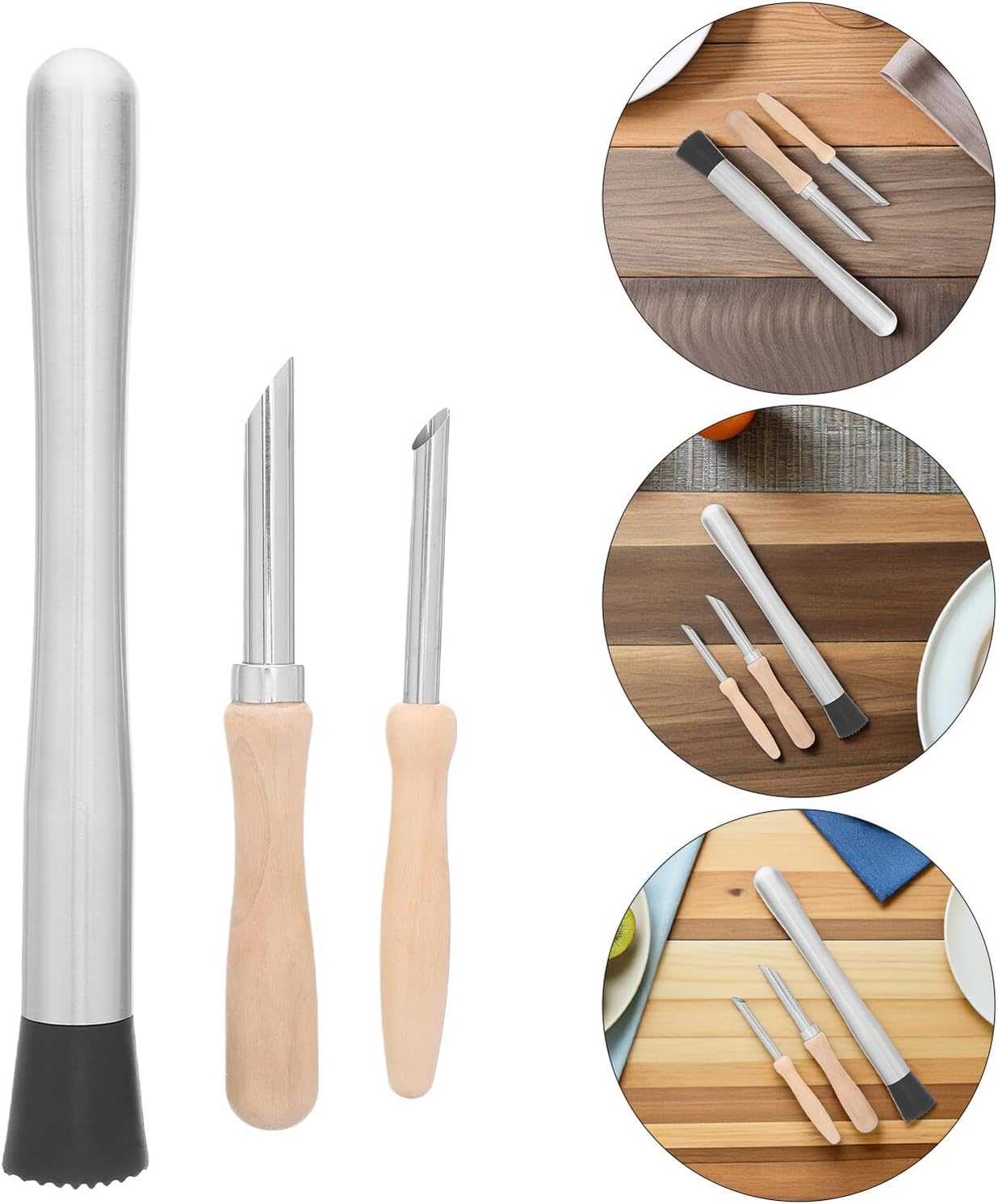 Lemon Pressing Rod and Straw Hole Puncher Set with Stainless Steel Ice Mixer, Manual Lemon Juicer for Cocktails and Fruit Drinks, 3pcs Bartending Tool Kit for Home and Bar Use