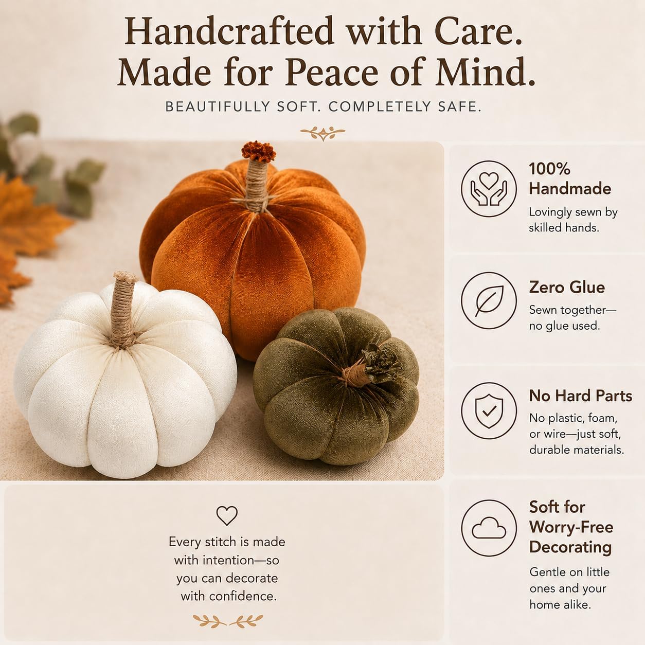 Large Velvet Pumpkins Set of 3, Handmade Fabric Fall Decorations for Home, Large Rustic Thanksgiving Table Centerpiece, Autumn Harvest Mantel Shelf Decor, Orange, Ivory and Sage Green