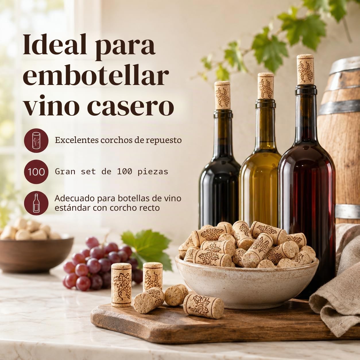 100 tapones de corcho tapones para vino tapones rectos tapones para botellas de vino decoración artesanal 22x44 mm