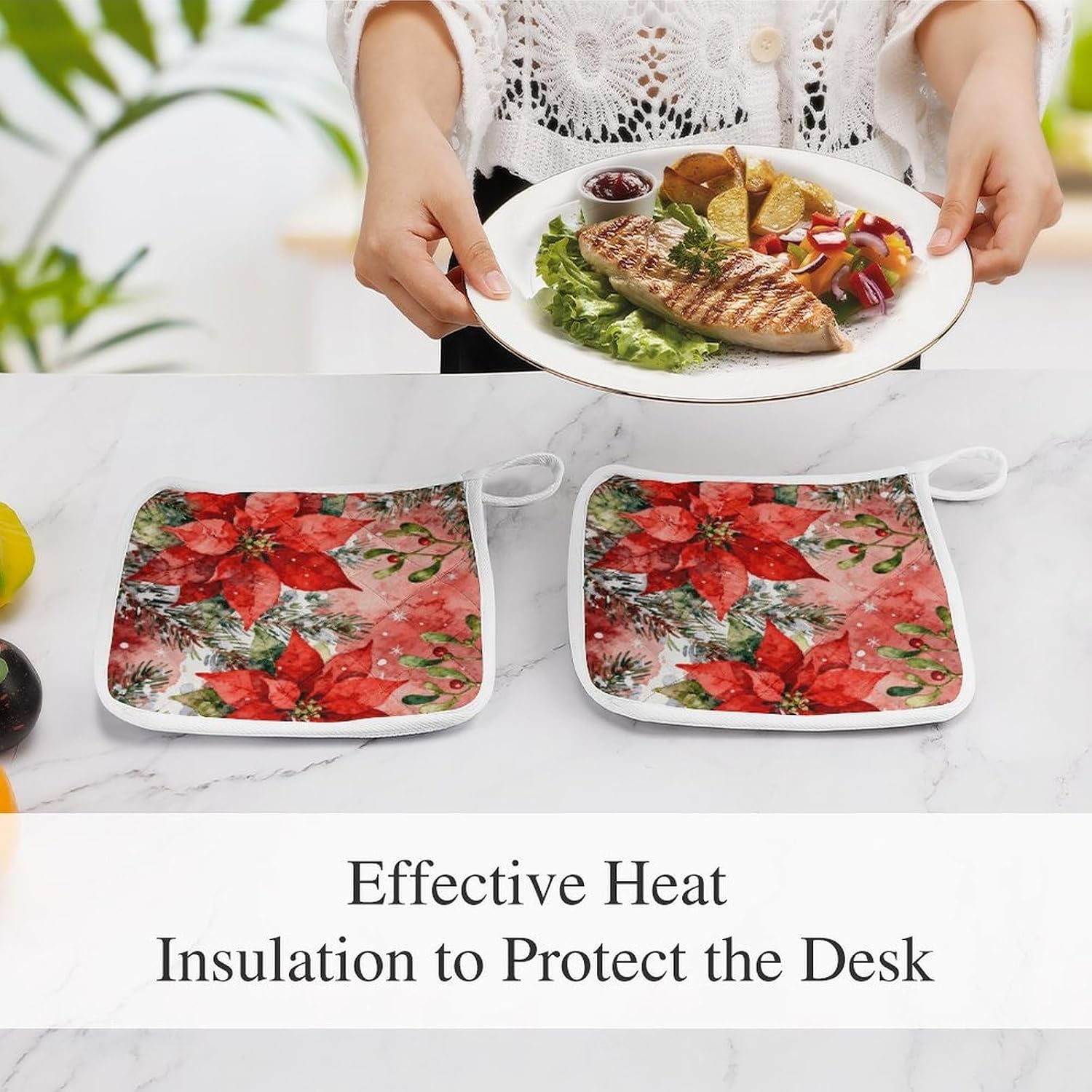 Watercolor Christmas Red Charm Polyester Heat Resistant Pot Pad Non Slip Anti Scald Hot Dish Mat Reusable Table Protector for Kitchen Hot Pot Mat Wear Resistant Heat Proof Table Pad for Countertop Din