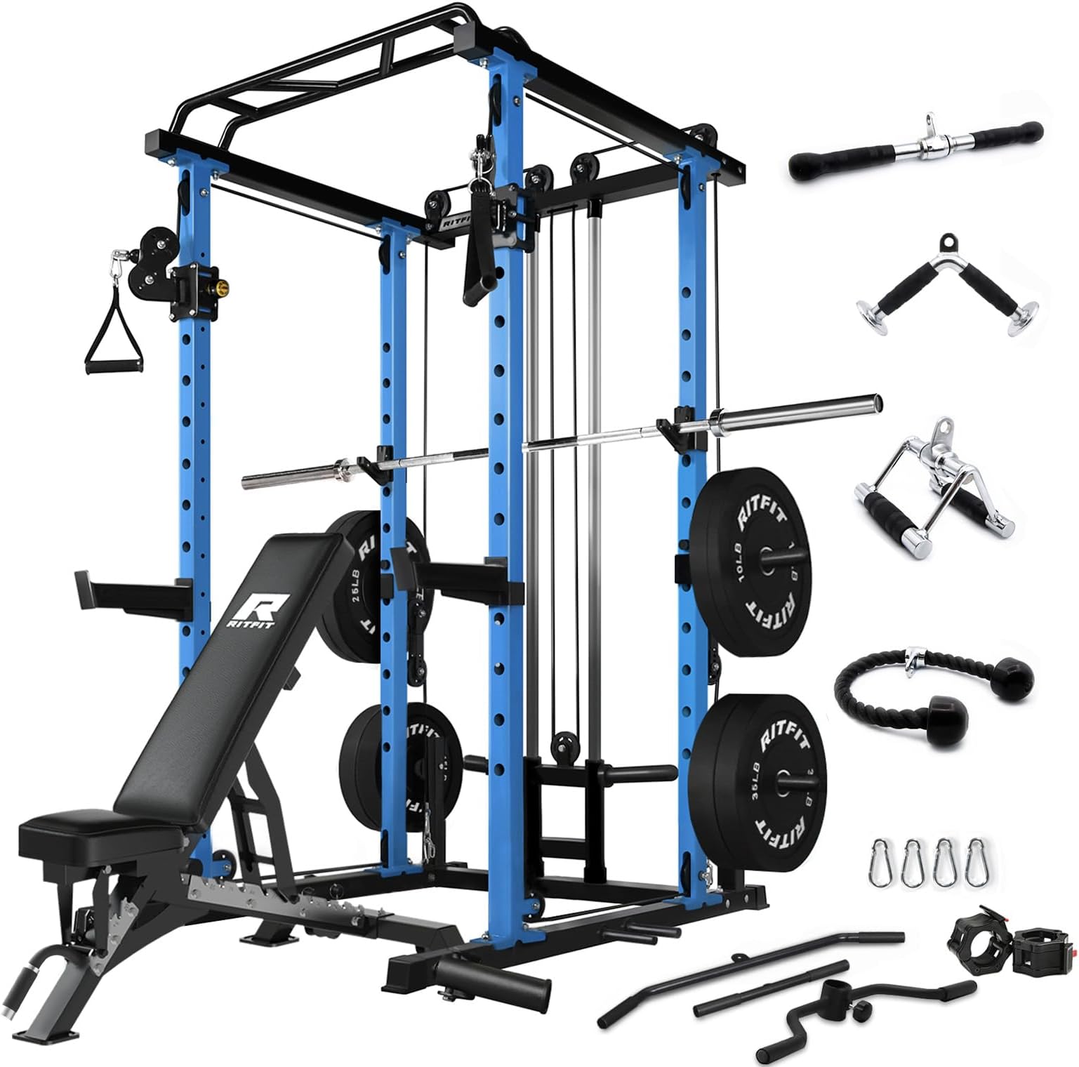 RitFit Multi-Function Squat Rack Power Cage PPC03 with Cable Crossover System, 1000LBS Capacity Power Rack and Packages with Optional Weight Bench, Barbell Weight Set, for Garage Workout & Home Gym