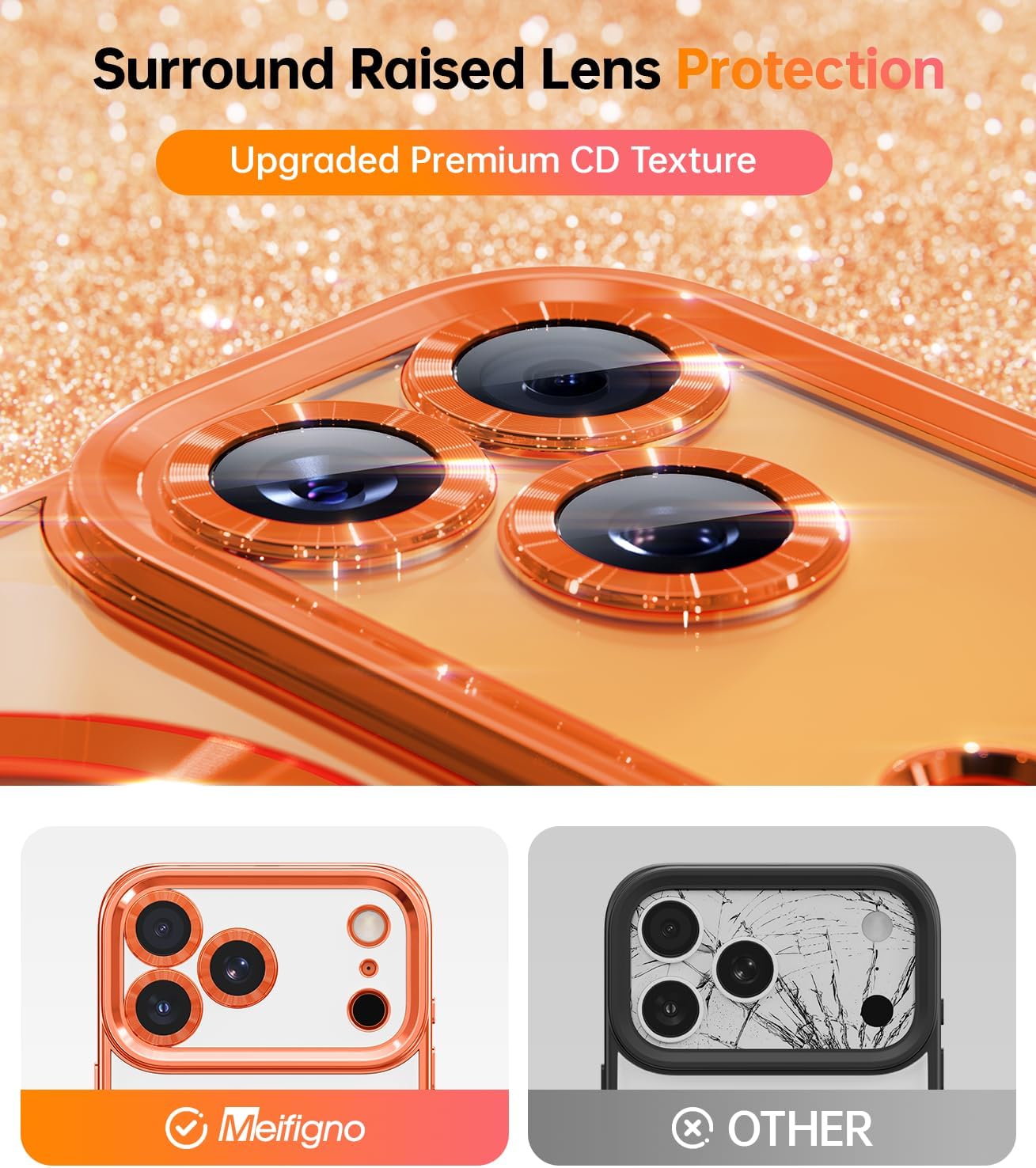 Meifigno Designed for iPhone 17 Pro Max Magnetic Case with Removable Phone Ring Stand, Glitter Card & Wrist Strap, Compatible with MagSafe, Built in Mirror, Phone Ring Holder + Case Kit, Orange