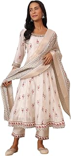 W for Woman Floral Printed Chanderi Anarkali Kurta, Pants and Dupatta Set