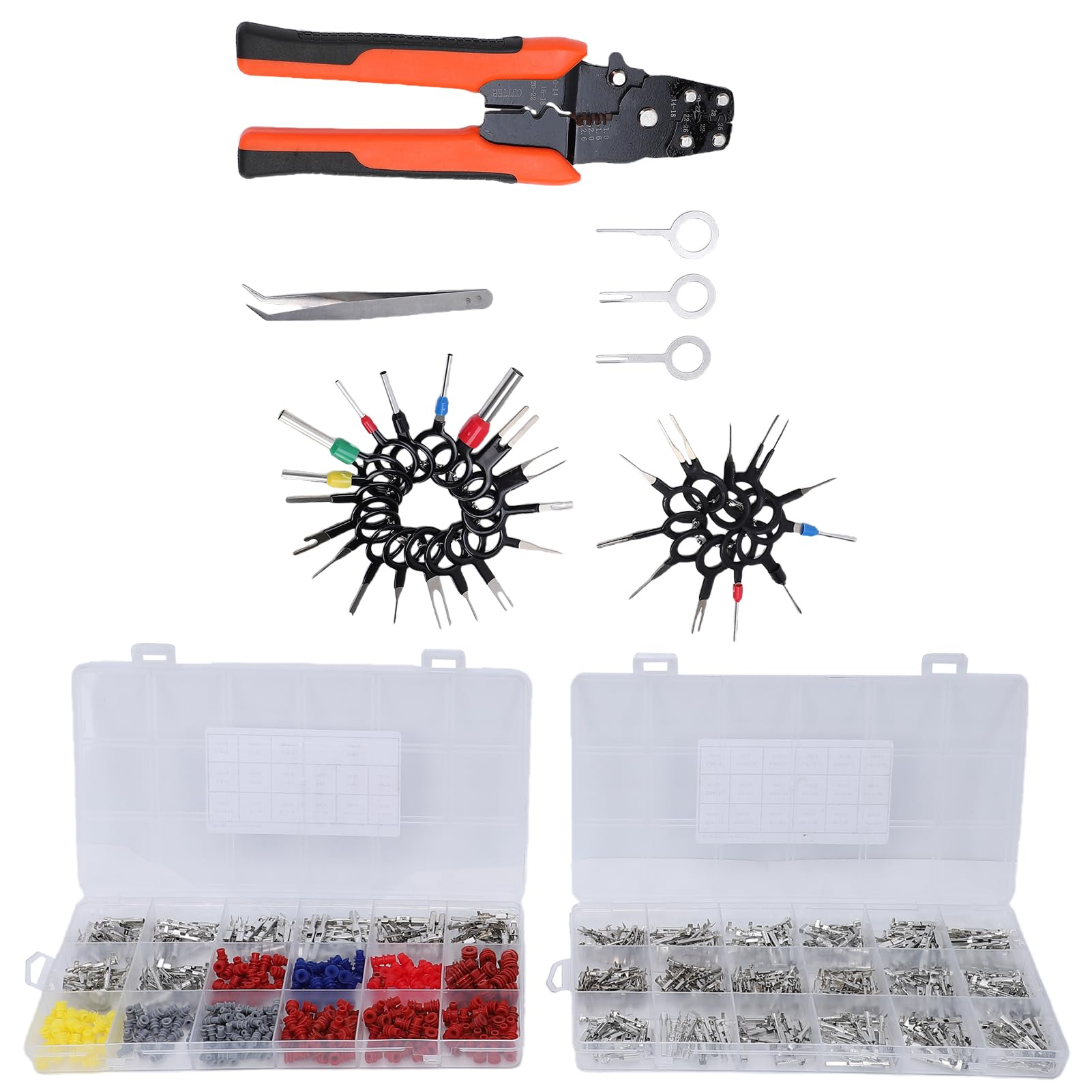 Kit Connettore Pin 844PCS Terminali per Cavi Non Isolati con Pinza a Crimpare 3 in 1 per Riparazioni Elettriche Automobilistiche