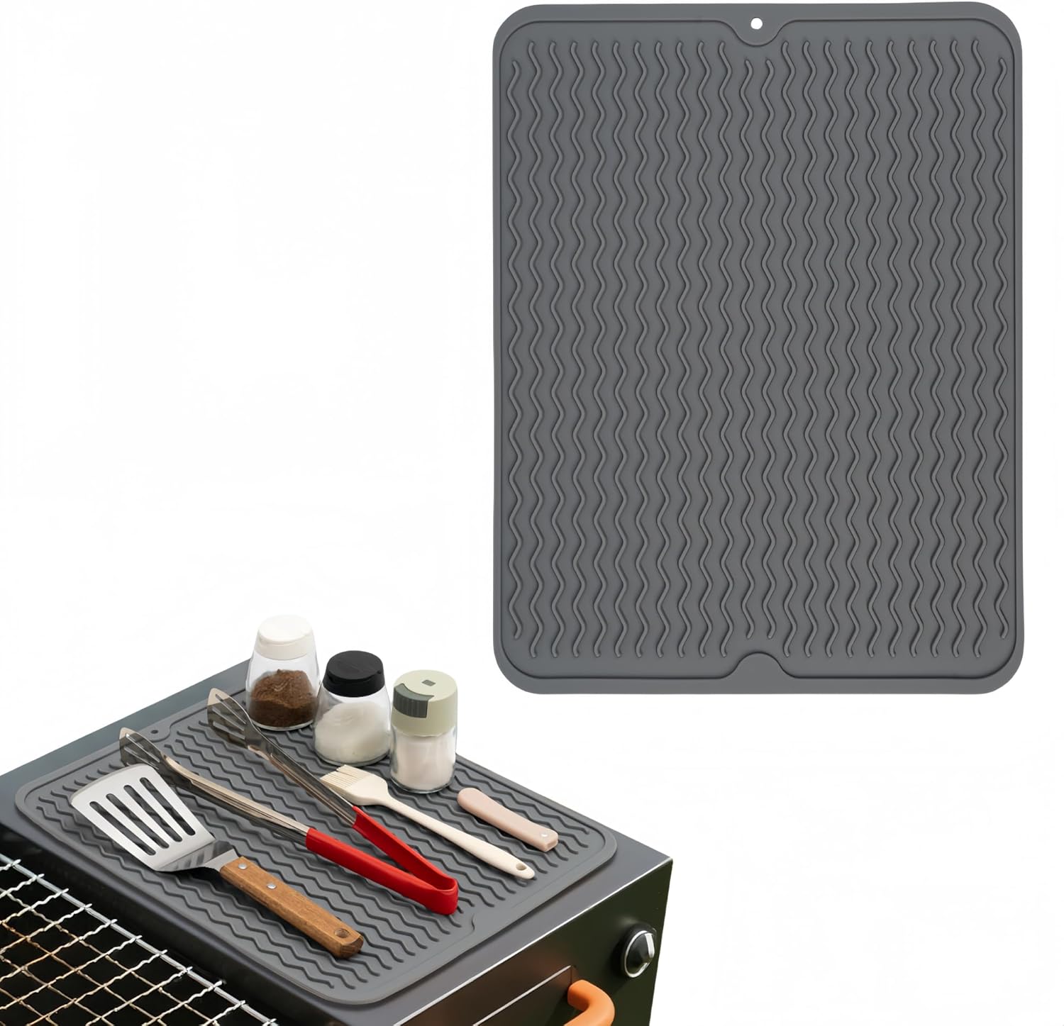 Silicone Grill Mat for Blackstone, Silicone Side Shelf Tool Mat, Outdoor BBQ Spatula Mat, with Drip Pad Kitchen Countertop Heat Resistant Mat, Griddle Accessories(Grey)