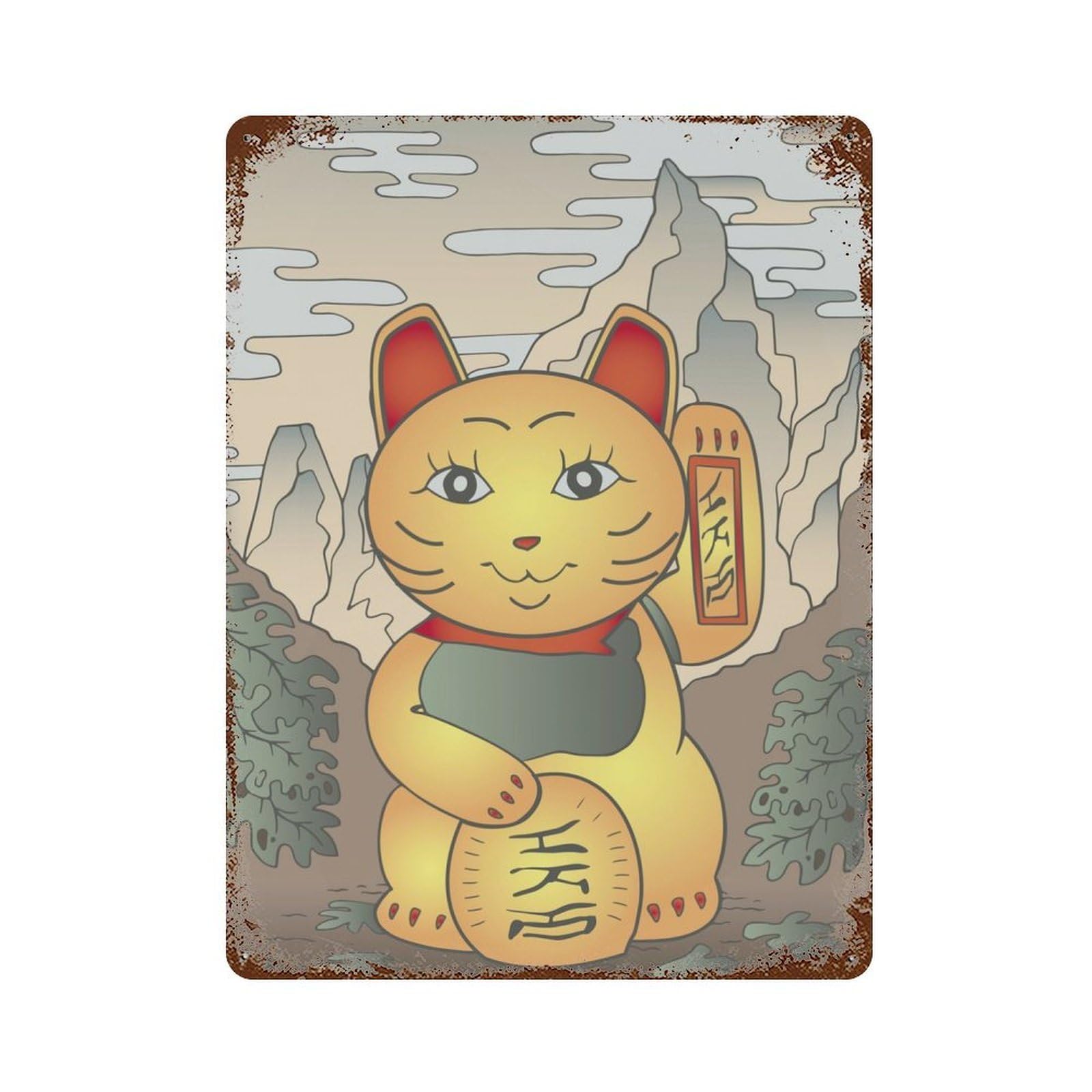 Garage Style Maneki Neko Japanese Vintage Rust Metal Sign 15.7"x11.8", Rustic Home Decor for Bar And Workshop