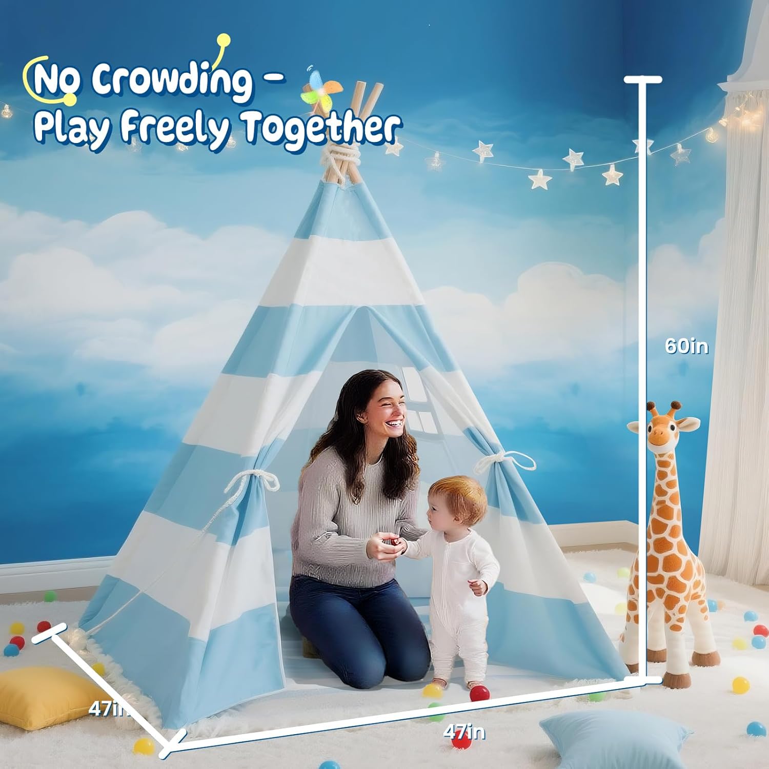 Teepee Tent for Kids with Padded Mat, Lights, and Carry Bag, Washable Playhouse for Indoor Use, Ideal Play Tent for Girls and Boys,Stripe Blue