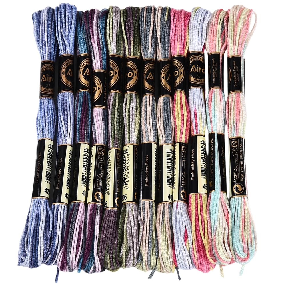 12 Skeins 105 Yards Embroidery Thread Variegated Cross Stitch Floss Bulk 6 Ply Polyester Yarn Colorful Friendship Bracelet String for Sewing Making Needlecraft Knitting Clothes Stitching