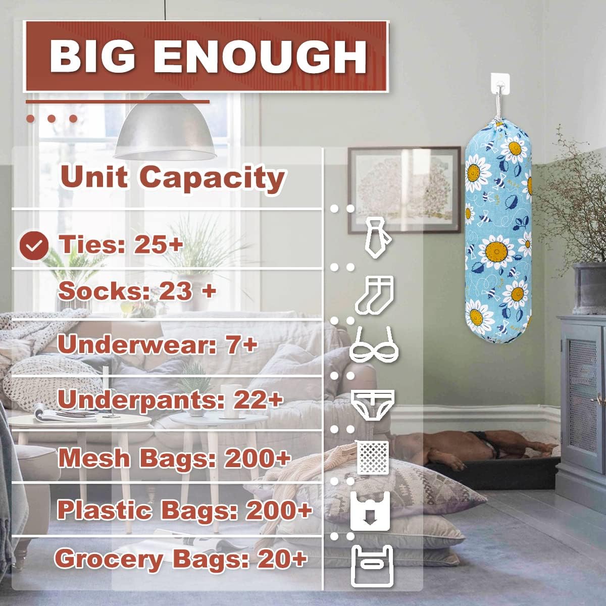 Plastic Bag Holder, Wall Mount Plastic Bag Organizer, Washable Large Grocery Bag Storage Dispenser, Shopping Bags Carrier ​for Home Kitchen Travelling, Free Adjustment with Drawstring, Sunflower,22x9" image 4