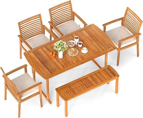Tangkula Juego de comedor de madera de acacia para exteriores, 6 piezas, mesa de comedor rectangular con agujero para sombrilla y 4 sillas