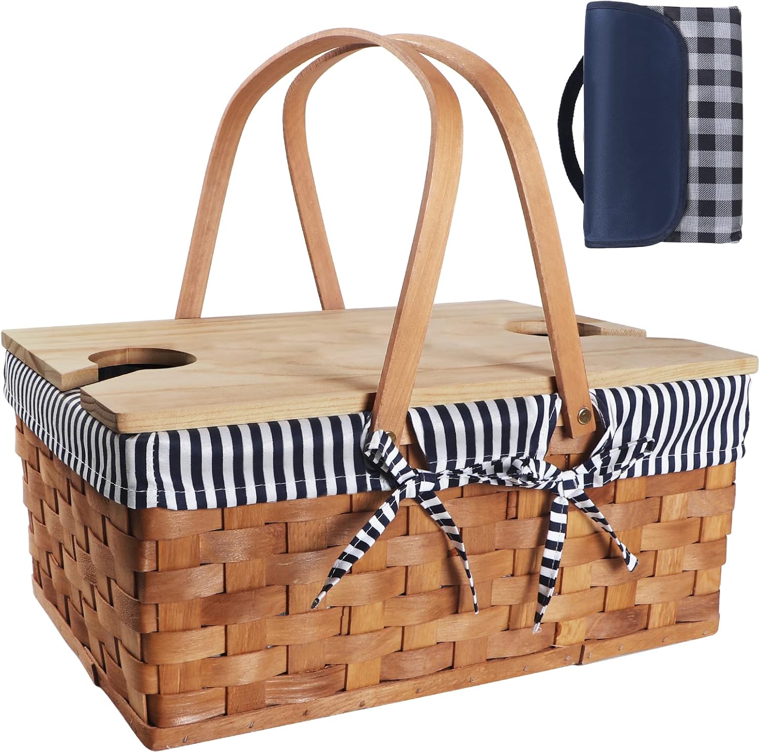 Woodchip Picnic Basket for 4,Handmade Picnic Basket with Solid Table, Woven Basket