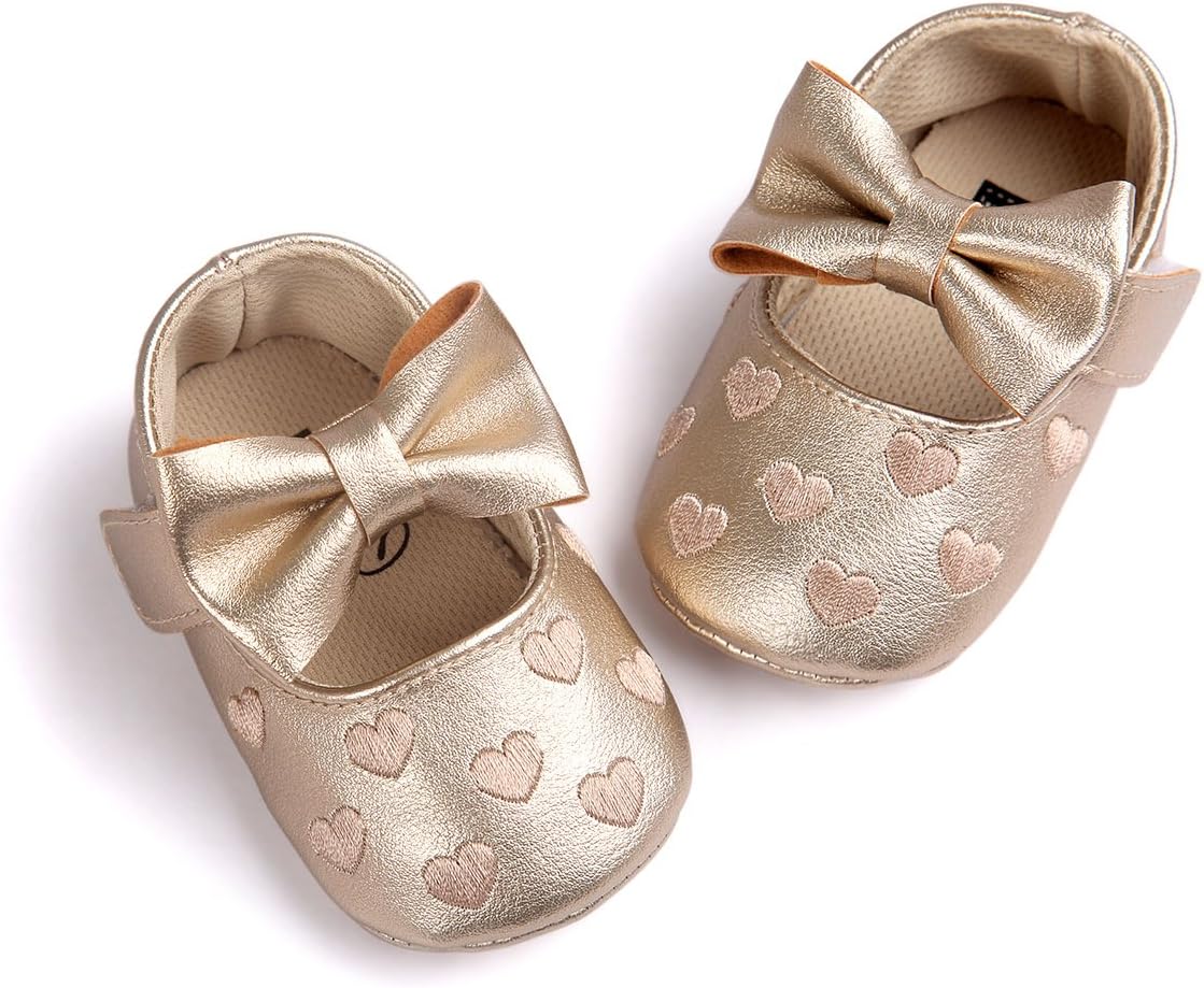 Royal Victory RVROVIC Baby Girls Shoes PU Soft Sole Bow Prewalker 0-18 Months (12cm (6-12months), Heart Gold)