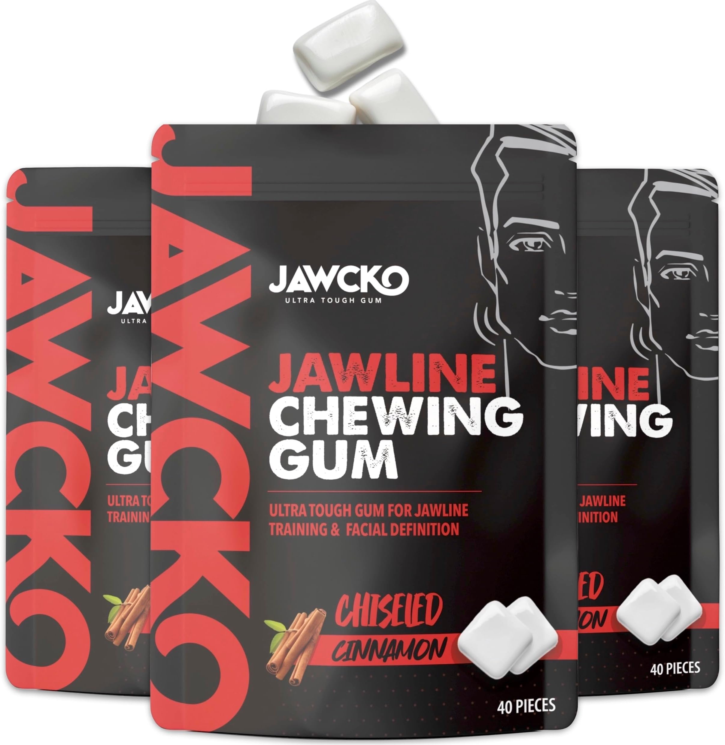 JAWCKO Ultra-tough Jawline Chewing Gum | Get a Stronger, Squarer Jawline | 15X Harder than other Gum | Cinnamon Jaw Training Hard Gum | Chisel, Sculpt, & Tone your Jaw | Facial Fitness Mewing Gum