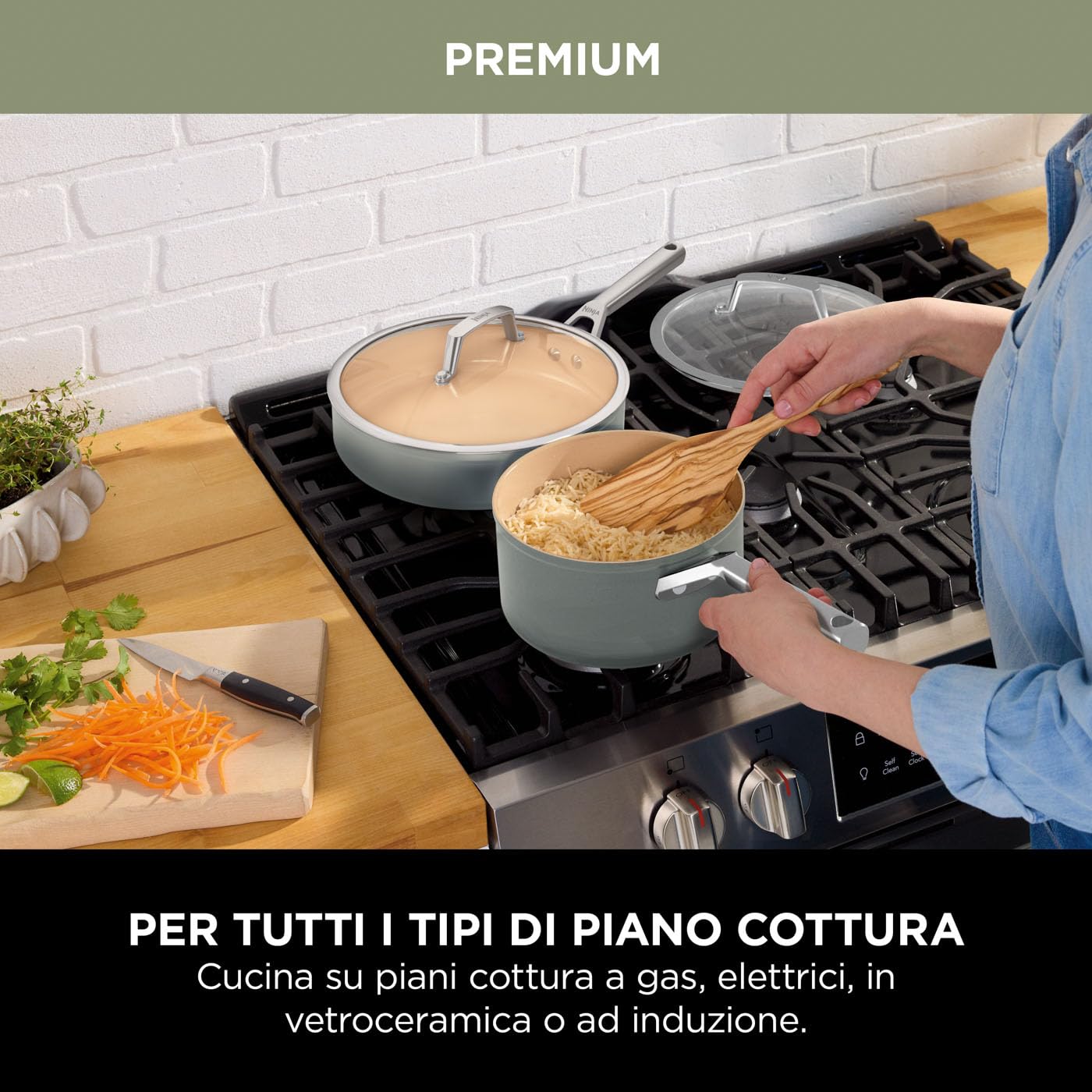 Ninja Set di Pentole in Ceramica a Lunga Durata, Grigio/Terracotta | 2 Padelle e 3 Pentolini con Coperchio, Antiaderenti (senza PFAs, PFOAs, Piombo o Cadmio), in Forno fino a 285°C