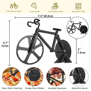 Bicycle Pizza Cutter Wheel - Gifts for Cyclists, Men, Dad, Bike Lovers - Funny Kitchen Gadgets - Cool Fathers Day, Christmas, Birthday, White Elephant Gifts - Stainless Steel Pizza Slicer(Black)