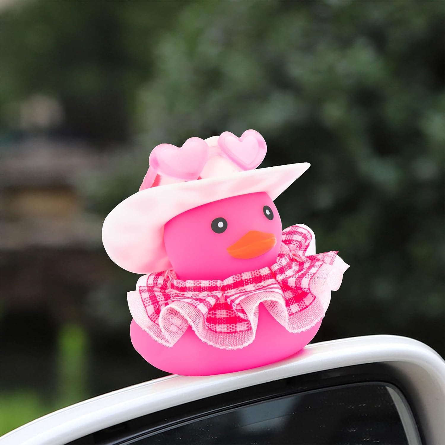 wonuu Car Rubber Duck Decoration Cute Car Accessories Car Ducks for Dashboard with Dress Heart Shape Sunglasses, White&Pink-Plaid Skirt