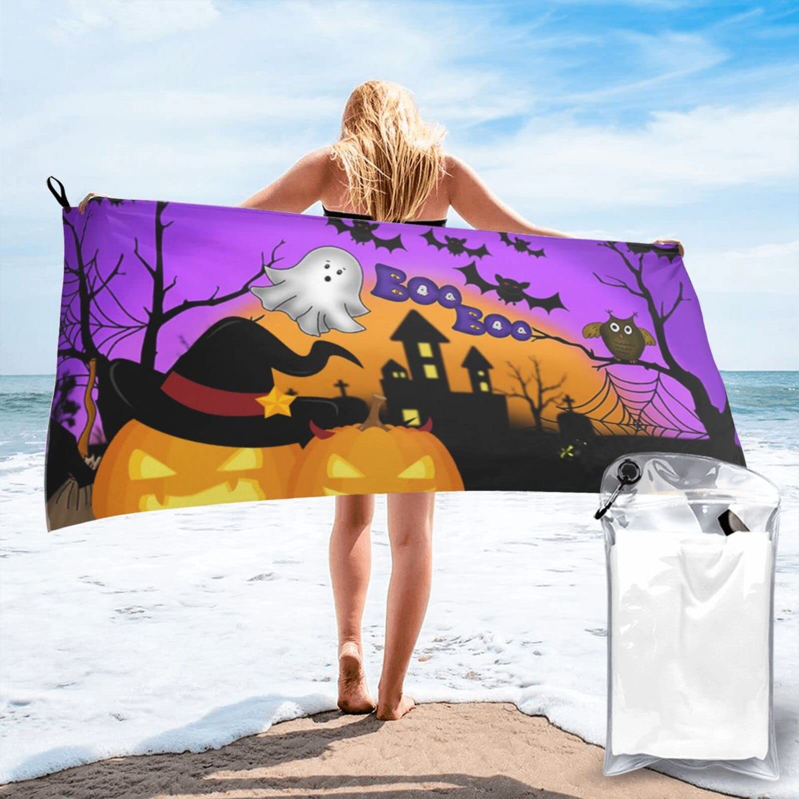 Lawenp Halloween and Pumpkins Microfiber Beach Towel Adults Large Quick Drying Bath Towel Travel Towels with Pouch 31.5"x63"