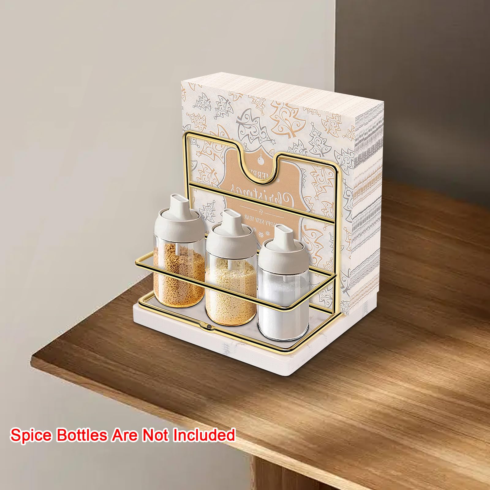 Livabber Servilletero con base de mármol, servilletero de metal con salero y pimentero, moderno dispensador de servilletas con estante de condimentos para especias para mesa, cocina, encimera (dorado)