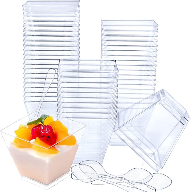 ICEBLUEOR Reusable Dessert Cups, 50PCS Mini Dessert Cups with 50PCS Spoons, 2oz/60ml Plastic Reusable Dessert Cup Serving Bowl for Dessert Pudding Mousse Party