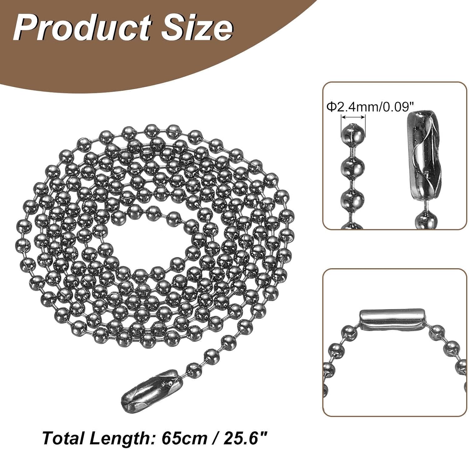 HARFINGTON Iron Ball Chain 2.4mm 25.6" Length Round Bead Necklace Dog Tag Pull Chains with Connectors Clasps for Men Women Jewelry Making Bracelets Keychain, Gun Black image 2