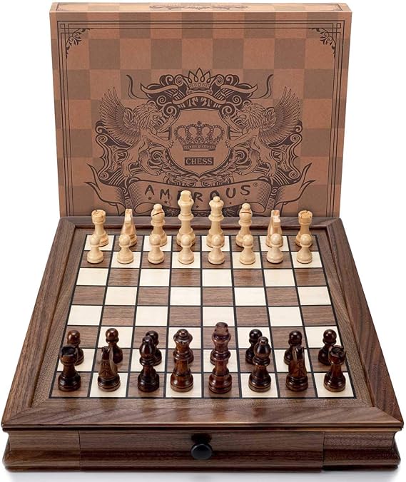 AMEROUS Magnetic Wooden Chess Set, 12.8 x 12.8 Walnut Chess Board Game with 2 Built-in Storage Drawers - 2 Bonus Extra Queens - Chess for Beginner, Kids and Adults, Gift Packaging