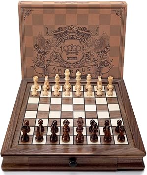 AMEROUS Magnetic Wooden Chess Set, 12.8 x 12.8 Walnut Chess Board Game with 2 Built-in Storage Drawers - 2 Bonus Extra Queens - Chess for Beginner, Kids and Adults, Gift Packaging