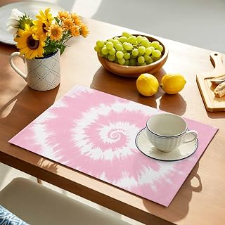 Placemats Watercolor Pink White Vortex Table Mats Set of 6, Washable Heat Tolerant Vintage Traditional Ethnic Tie-dye Placemats for Indoor Kitchen Dining, Outdoor Party Dinner,13x19IN
