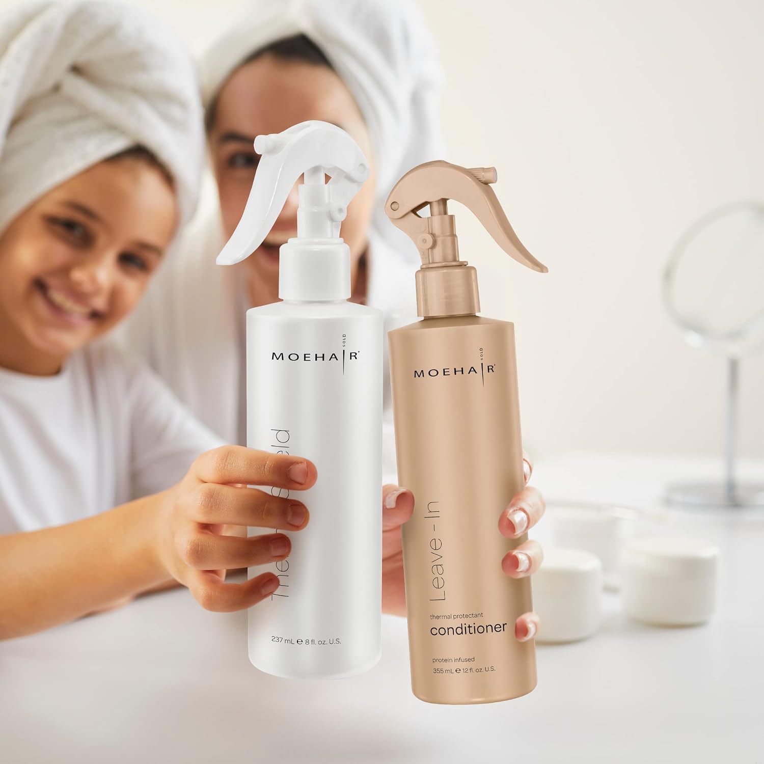 MOEHAIR Heat Protectant Spray (8 Fl. Oz) and Leave-In Conditioner (12 Fl. Oz) | Protects Against Damage and Dullness | Deeply Nourishes, Repairs, and Hydrates Hair | Sulfate and Paraben-Free
