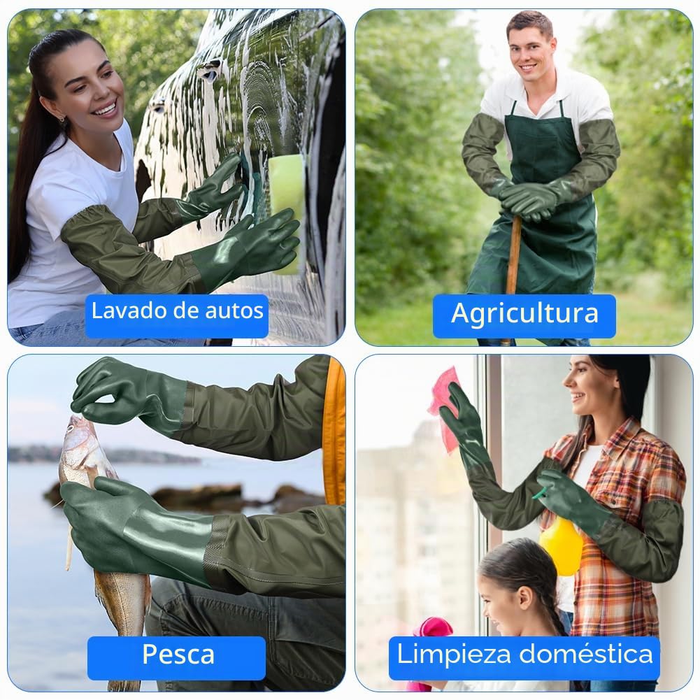 70cm Guantes de Estanque, Impermeables Limpieza Guantes Trabajo con Longitud Hasta el Codo para Jardinería, Pesca, Acuarios y Maquinaria Industrial (Verde)
