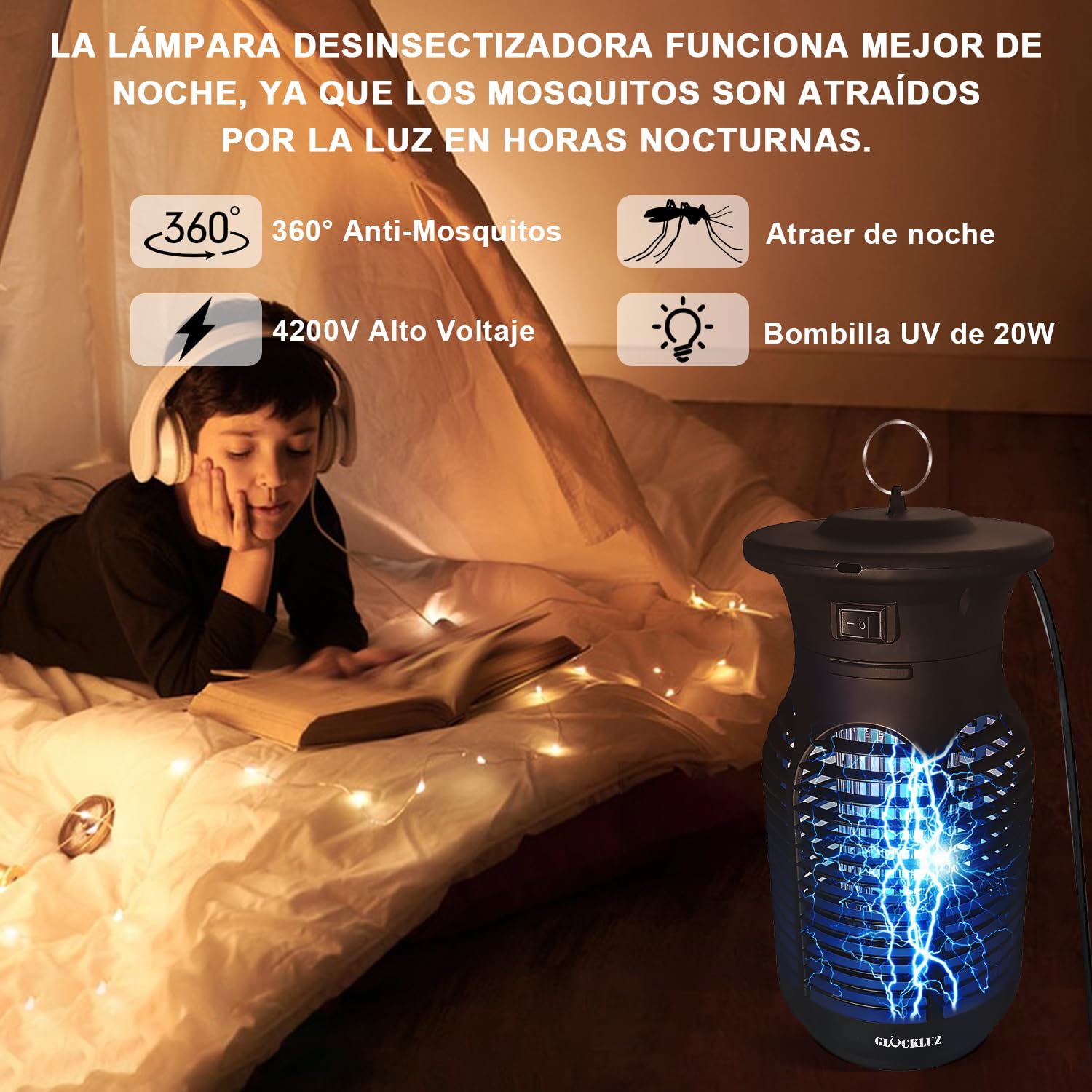 Glückluz Lampada Antizanzare – 20 W Ammazza Zanzare Elettrico & Acchiappamosche, con Luce LED 365–395 nm, Lampada Antizanzare per Interni, Esterni, Giardino, Terrazzo
