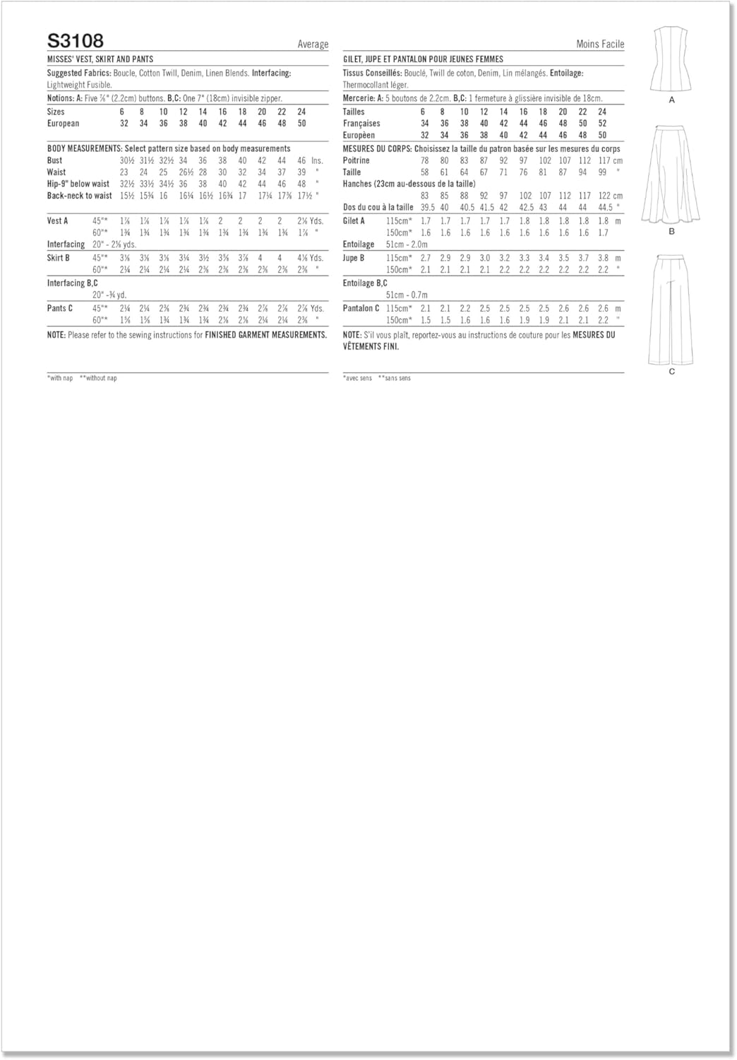 Simplicity S3108 패턴 봉투 뒷면에는 원단 소요량, 사이즈표 및 완성된 의류 치수가 나와 있습니다.