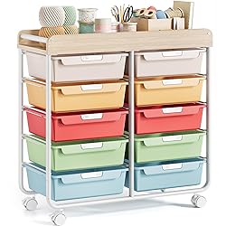 Rolling Storage Cart with Wooden TableTop, Utility Cart with 10 Large Drawers for Craft Organizers, Art Supply Storage, Home Office Organization, Cart with Wheels for Classroom, Living Room, Colorful