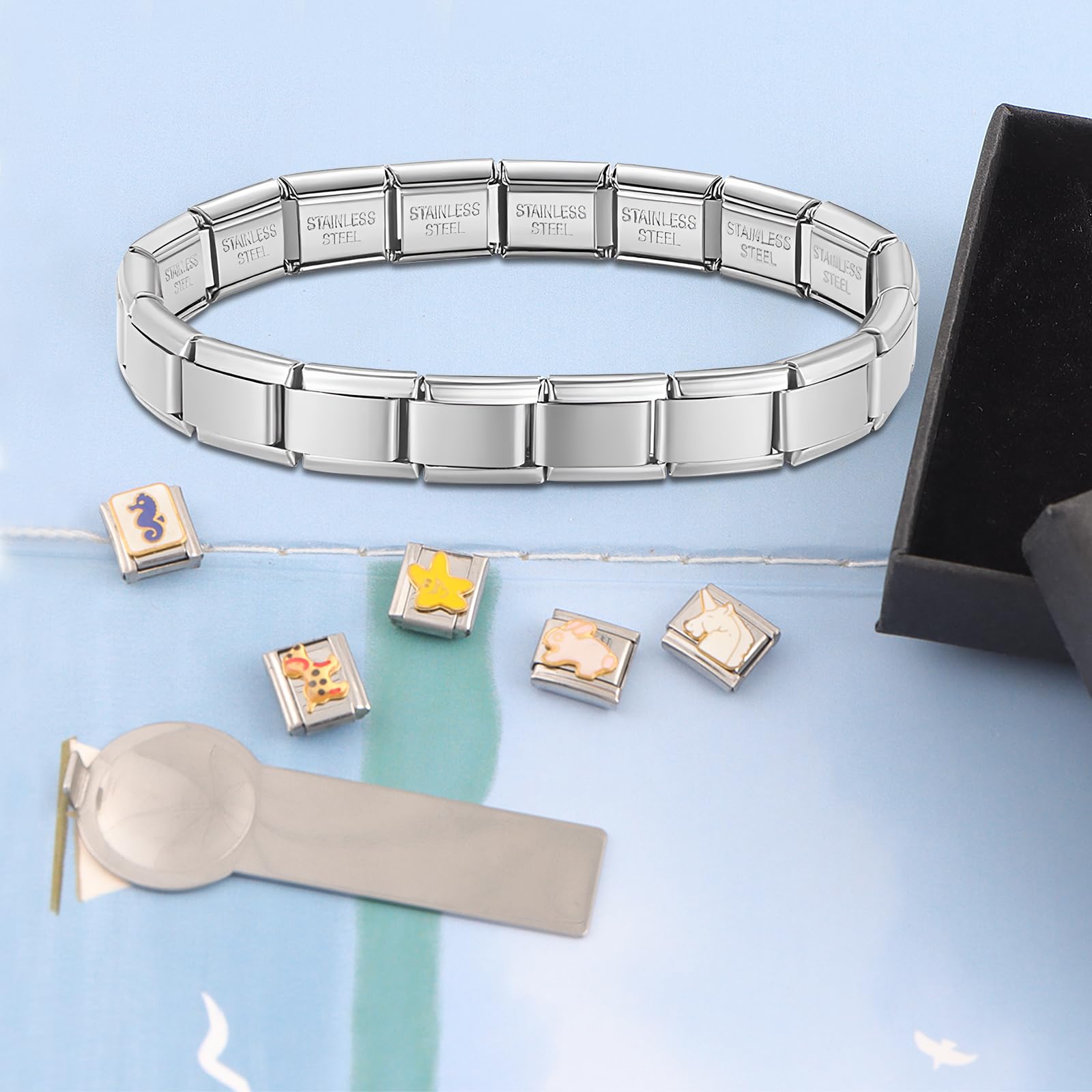 Juego de Pulseras Dijes Italiano 10 Módulos Extraíbles con 1 Herramientas de Apertura y Caja Regalo Pulsera Italiana Charms Acero Inox 9mm Animales Lindos Módulos Extraíbles Joyería Italiana